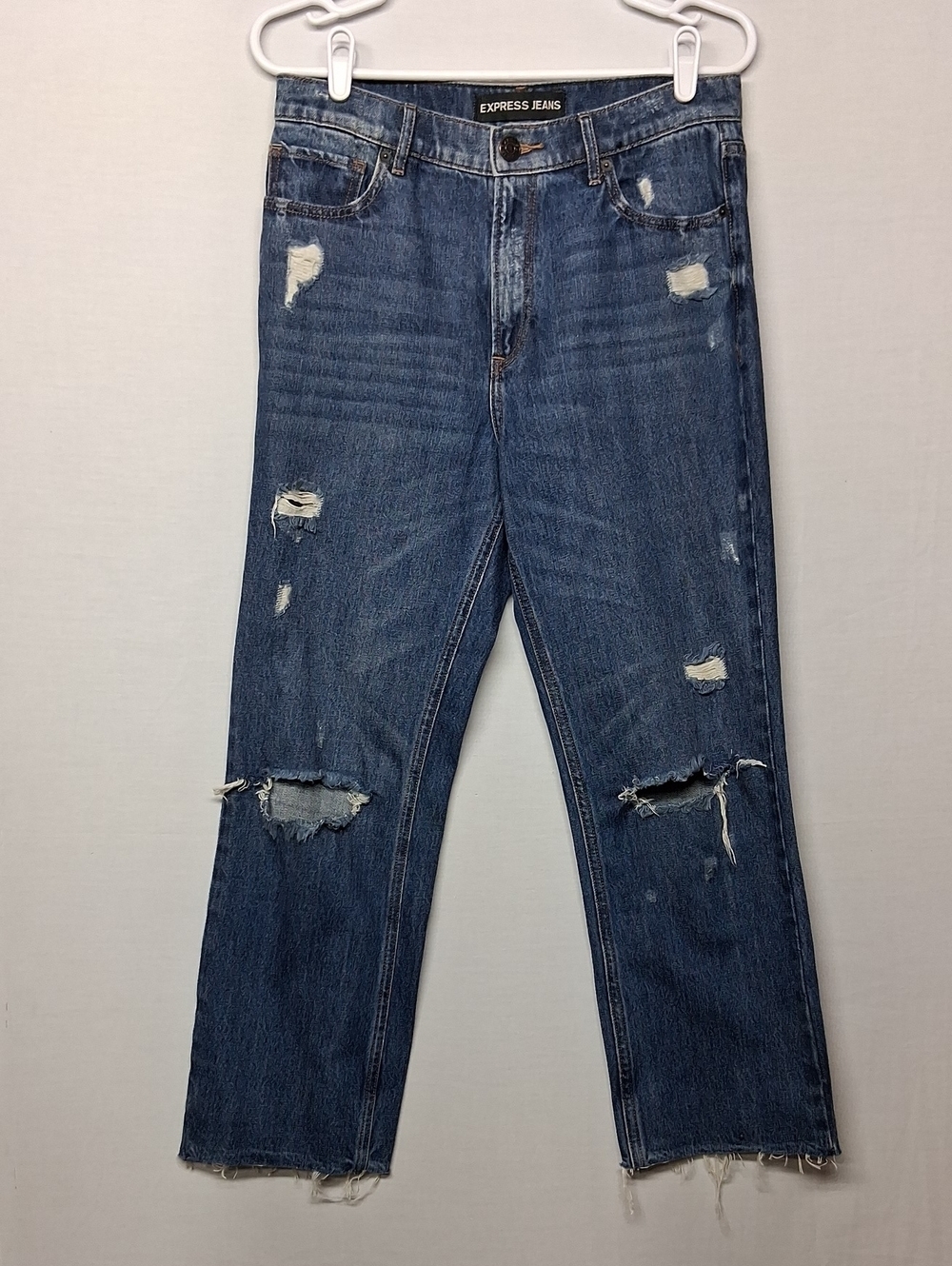 Express Women’s Distressed Straight-Leg Ankle Jeans in Blue